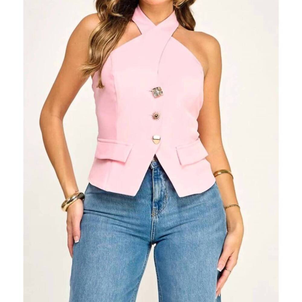 NEW MILK & HONEY lina button detail criss-cross halter top in pink